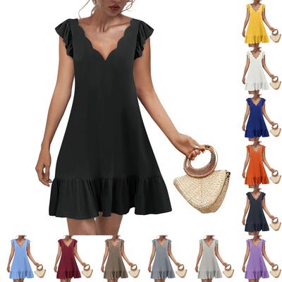 Женское модное повседневное платье с V-образным вырезом и волнистым краем, однотонное, с коротким рукавом