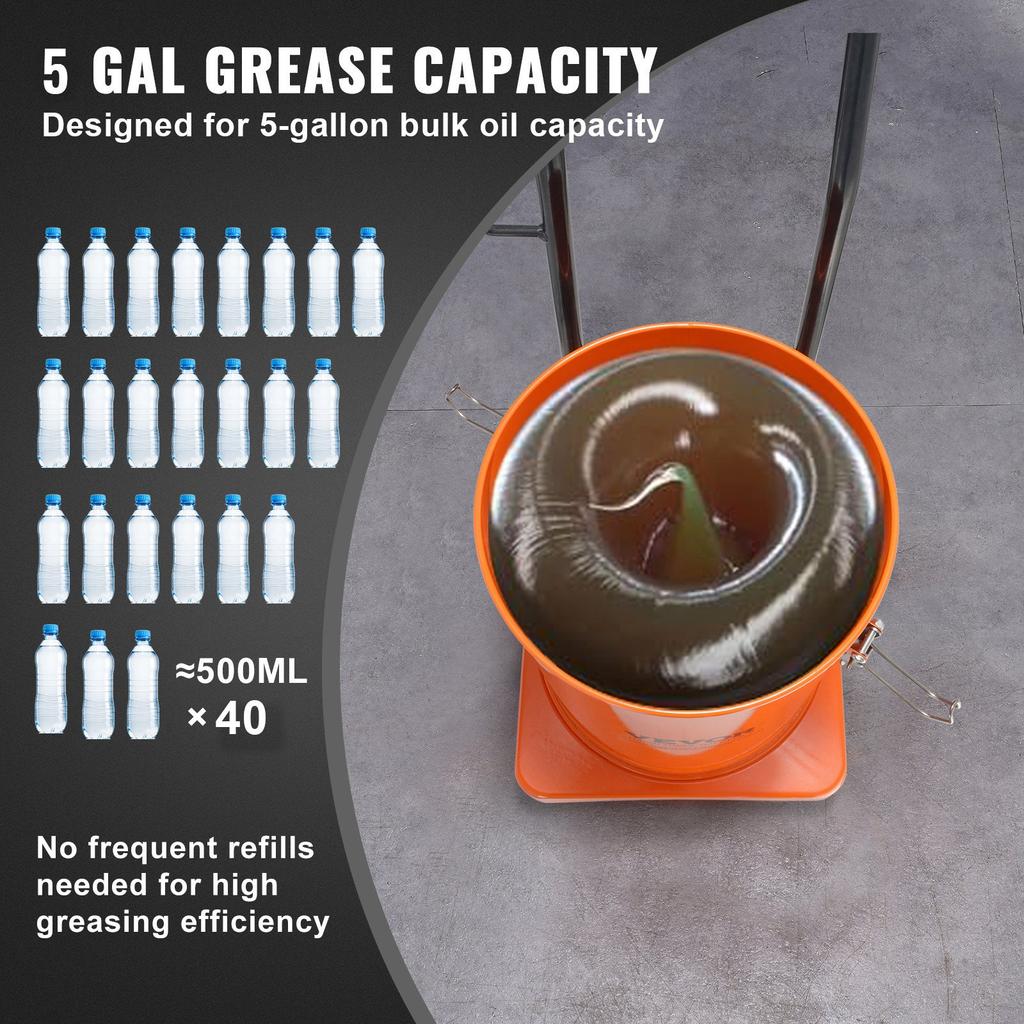 VEVOR Grease Pump, 5 Gallon 20L, Air Operated Grease Pump with 13 ft High Pressure Hose and Grease Gun, Pneumatic Grease Bucket Pump with Wheels