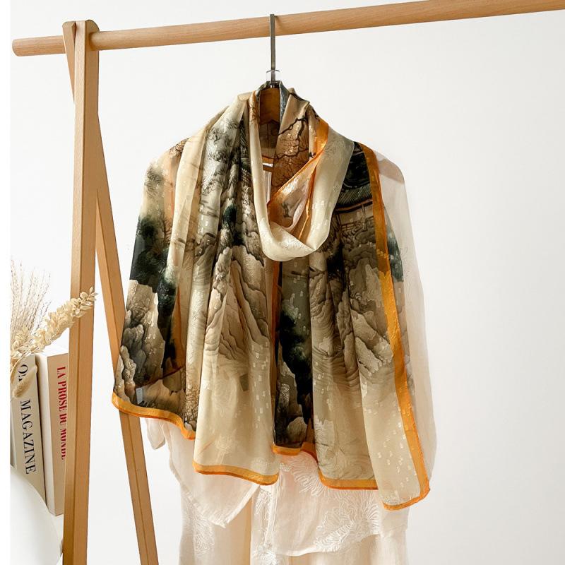 National Trend Panda Newspaper Bamboo Hollow Shawl for Women Plum Orchid Bamboo and Chrysanthemum Printed Silk Scarf Long High-end Sex Scarf