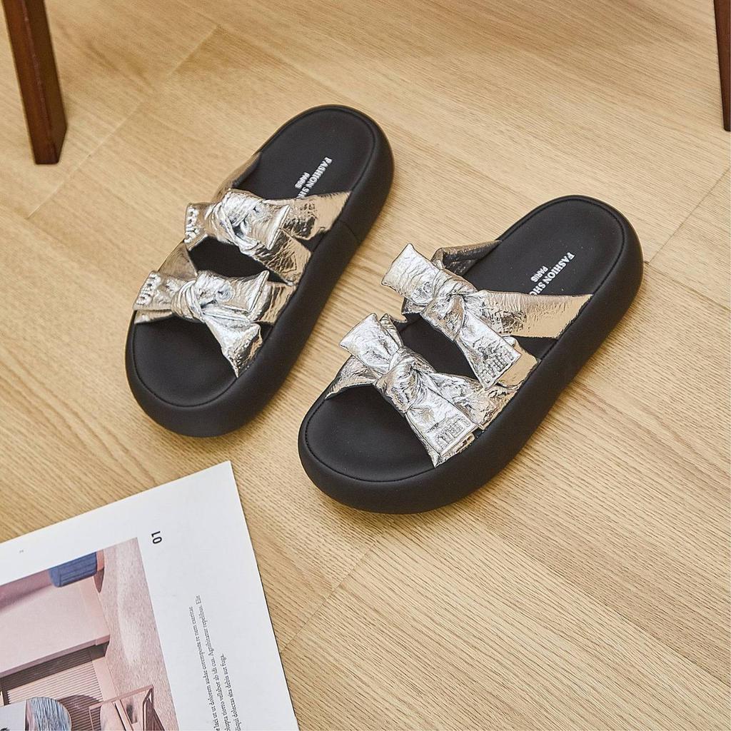 2025 New Thick-soled Cool Slippers for Women's Fashion and Versatile Bow Open-toed Women's Casual One-word Slippers Trendy Shoes