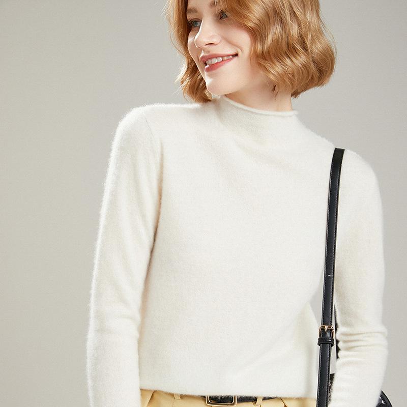 Женский кашемировый свитер из чистой шерсти с полувысоким воротником - Приталенный крой, Универсальный вязаный дизайн