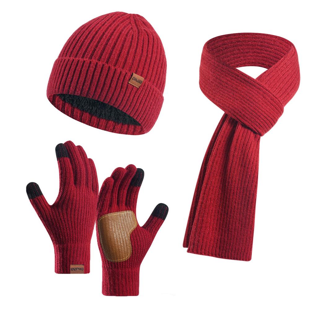 Couple Style Warm Wool Hat Knitted Plus Velvet Thickened Adult Hat Scarf Gloves Three-piece Set