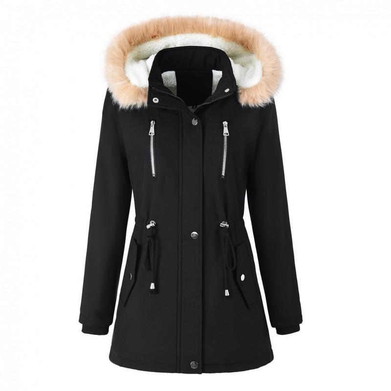 Womens Winter Parka Coat With Faux Fur Hood Sherpa Lining Drawstring Waist Warm Cotton Padded Outerwear