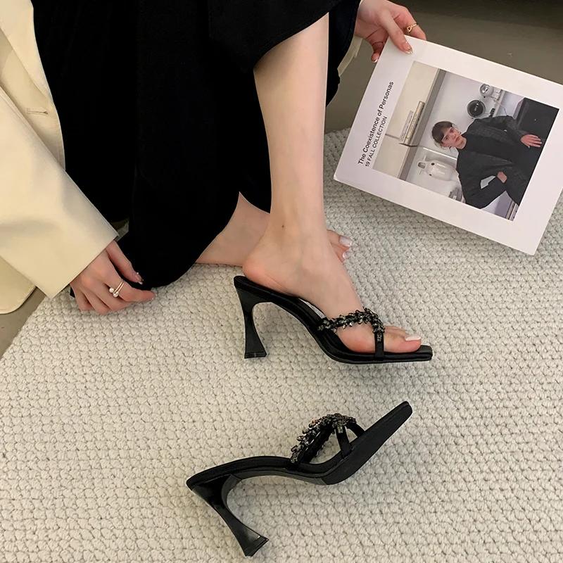 Модные летние тапочки, обувь для женщин, женские туфли на высоком каблуке, хрустальные шлепанцы с открытым носком, элегантные вечерние туфли для вечеринки, женские сандалии