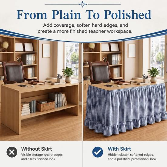 Reusable Table Accessories for School Ruffled Plaid Skirt, Durable Polyester Cover with Hook And Easy to Attach Skirting Loop Fasteners, Decorative