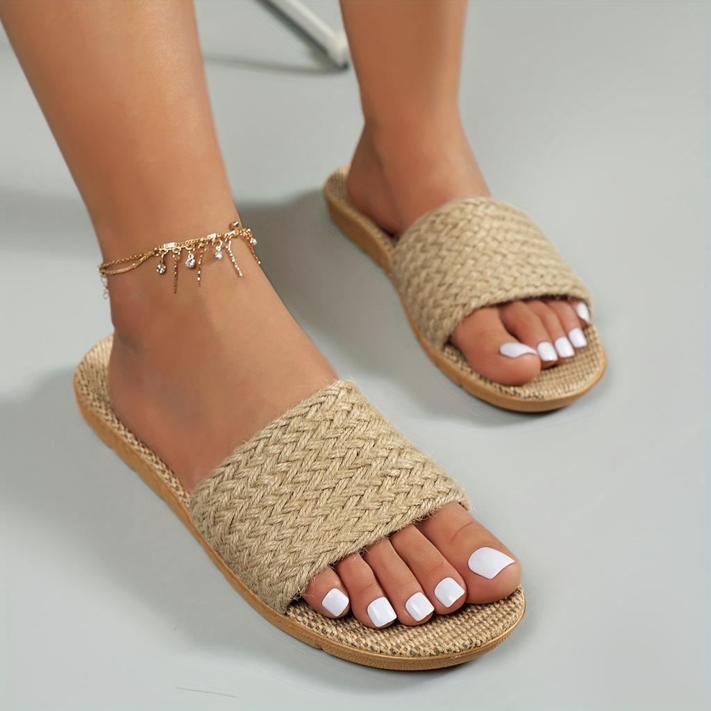 Женские однотонные повседневные шлепанцы 35–45 лет, легкие шлепанцы из плетеной соломы с мягкой подошвой, летние пляжные шлепанцы