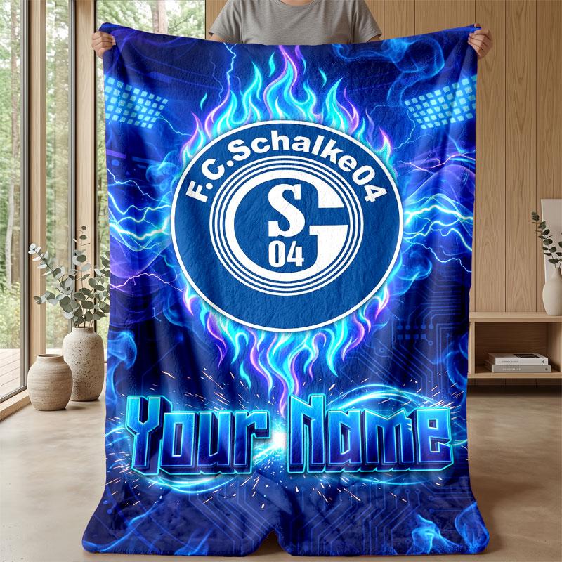 Schalke 04 FC Custom Name Text Flannel Blanket Soccer Logo Personalized Fleece Throw Blanket Special Gift For Sofa Bedroom Home