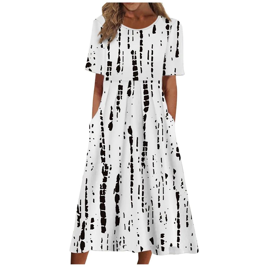 Женское летнее повседневное модное платье с коротким рукавом и карманом с цветочным принтом и круглым вырезом