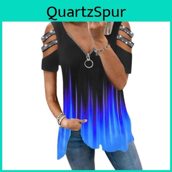 Women Summer Shirt T Hollow Out Shoulder Rhinestone Decor Short Sleeves Plus Size Loose Hem V Neck Gradient Contrast Color Lady Blouse