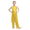 Girls Halter Sleeveless Backless Sequin Tiered Tassel Dance Jumpsuit Cha cha Latin Costume