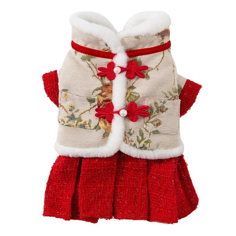Pet Dress Cats Dogs Chinese New Festival Outfit Floral Print Red Cotton Costume Size XS To XXL