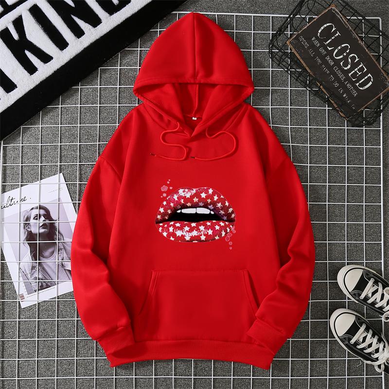 Loose Long Sleeve Women's Hoodie Lip Print Trendy Plus Size Cross-Border Pattern Crew Neck Regular Length Girl Style