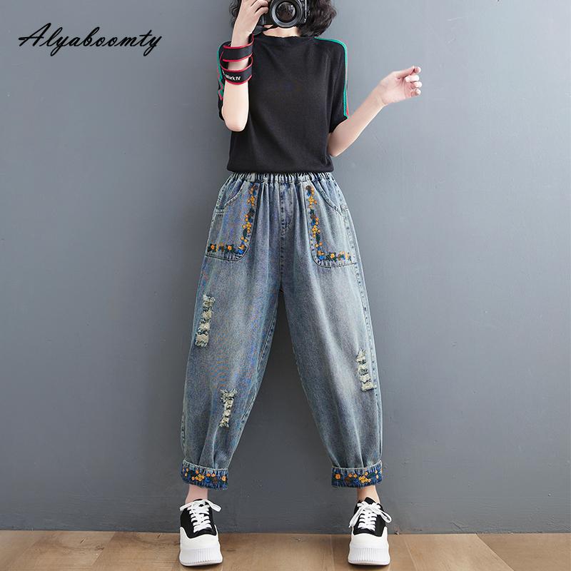 Корейский стиль, весна-осень, женские джинсы больших размеров с высокой талией, рваные дыры, повседневные свободные джинсы, винтажные карманы с цветочной вышивкой, джинсовые брюки