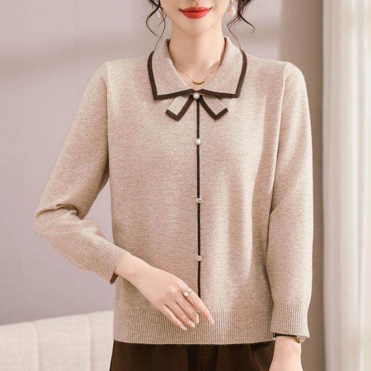 Mom's Autumn Clothes New Early Autumn Lapel Sweater Spring and Autumn Long-sleeved Knitted Bottoming Shirt Women's Top