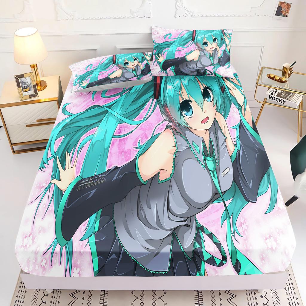 Простыня на резинке с принтом Hatsune Miku Comforte Покрывало для кровати Полный комплект 3D Детское постельное белье Аниме Декор комнаты Дом
