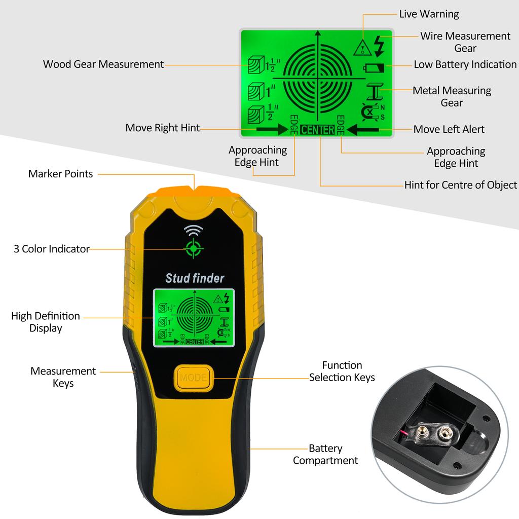 Настенный сканер для поиска стоек 5 в 1, многофункциональный инструмент для поиска стоек с ЖК-дисплеем и звуковой сигнализацией для центра и края металла и дерева