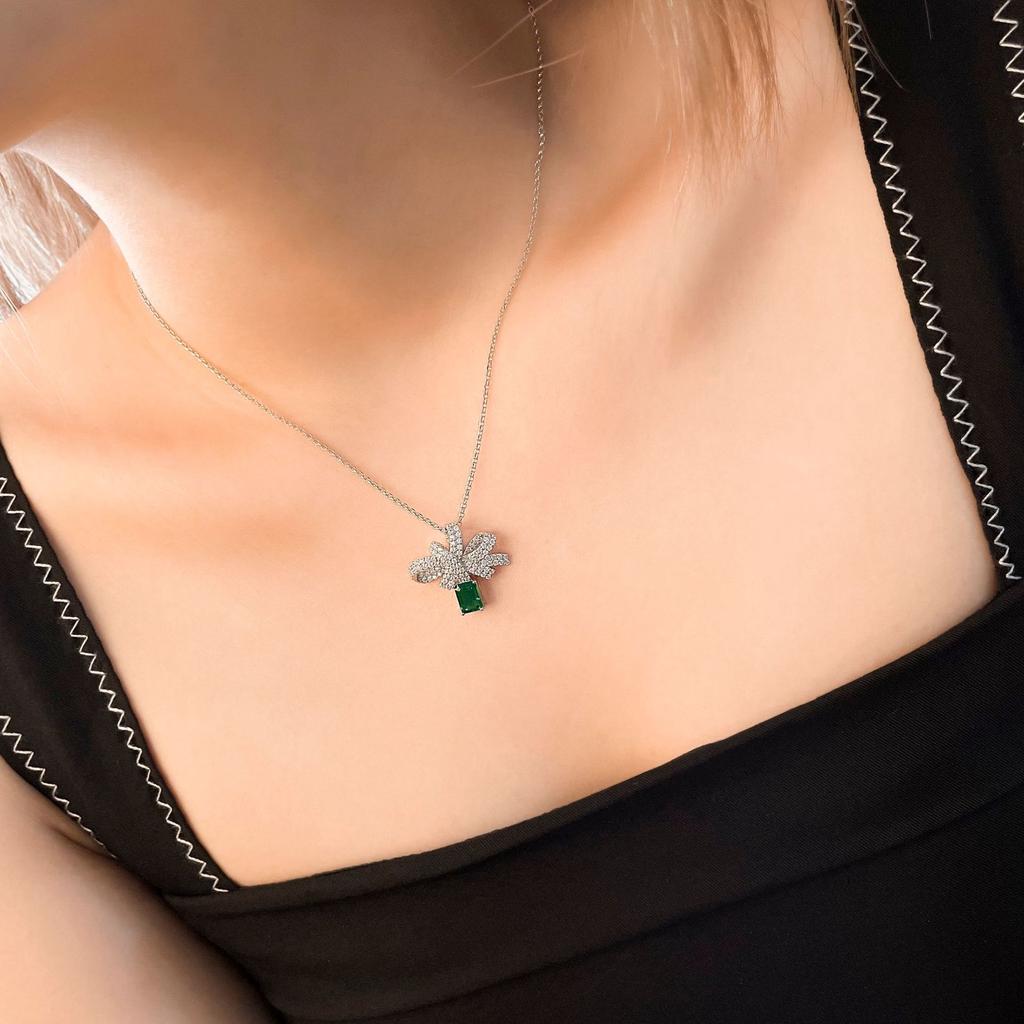 Tancise Jewelry Emerald High Carbon Diamond Necklace 925 Silver Hand Inlaid 5 * 7 Green Light Pendant 40 + 3