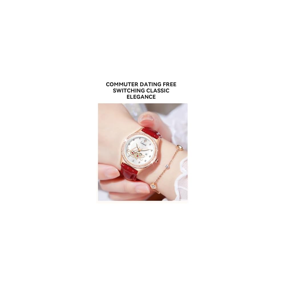 Женские водонепроницаемые наручные часы Love Watch с красным кожаным ремешком и бриллиантами.