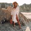 EDOLYNSA Swimwear Ladies Bikini Cover Up Sexy V Neck Shirt Long Sleeve Sunscreen Dress Ladies Summer Clothes Beachwear Swimwear Cover Up Q1468