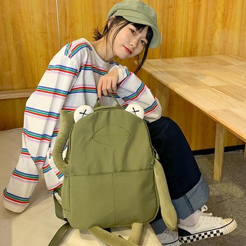 Милый рюкзак с лягушкой, студенческий, персонализированный, большой вместимости, для хранения книг, мультяшный школьный рюкзак