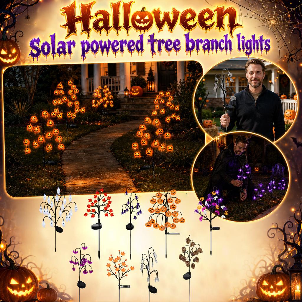 LED Solar Powered Pumpkin Branch Stake Lights Outdoor Yard Decorative Lighting for Garden Pathway Lawn Halloween Party Decor