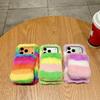 For iPhone 17 Pro Rainbow Fluffy Phone Case Winter Warm Hand Strap TPU Cover