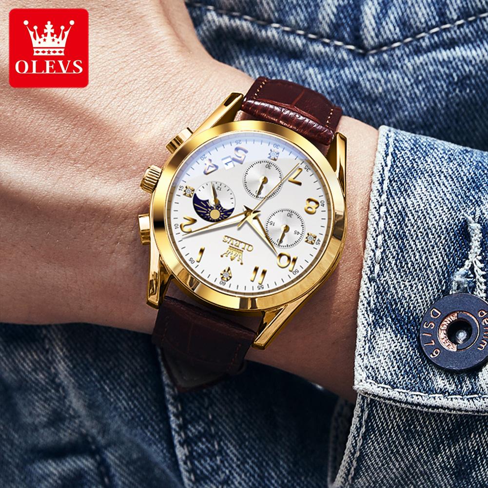 Men's Trendy and Fashionable Three Eye Six Needle 24-hour Moon Phase Dial Light Luxury Wristwatch Waterproof Luminous Quartz Watch