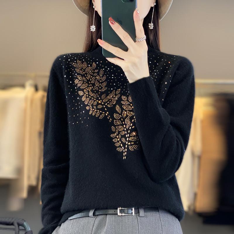 Rhinestone Wool Sweater for Women, Autumn/Winter Collection: Half-High Neck, Knitted, Long & Loose Fit.