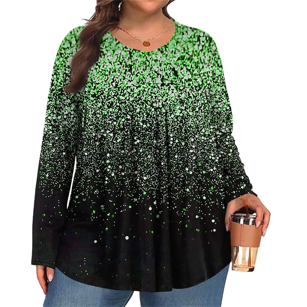 Women's Plus Size Fashion Printed Casual Pleated Round Neck Long Sleeve Top