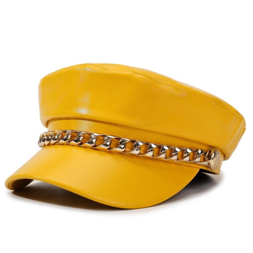 Metal Chain Decor Newsboy Cap PU Leather Flat Top Cap Stylish Baker Boy Cap For Women