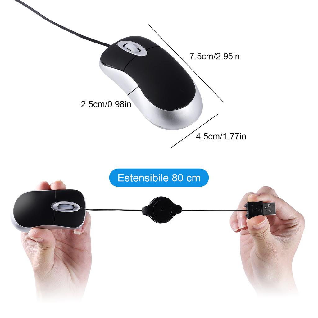 Computer 3 Buttons Mouse Mini Wired Small Hand Retractable USB Cable Adjustable Scalable Gaming Mice Office Kids