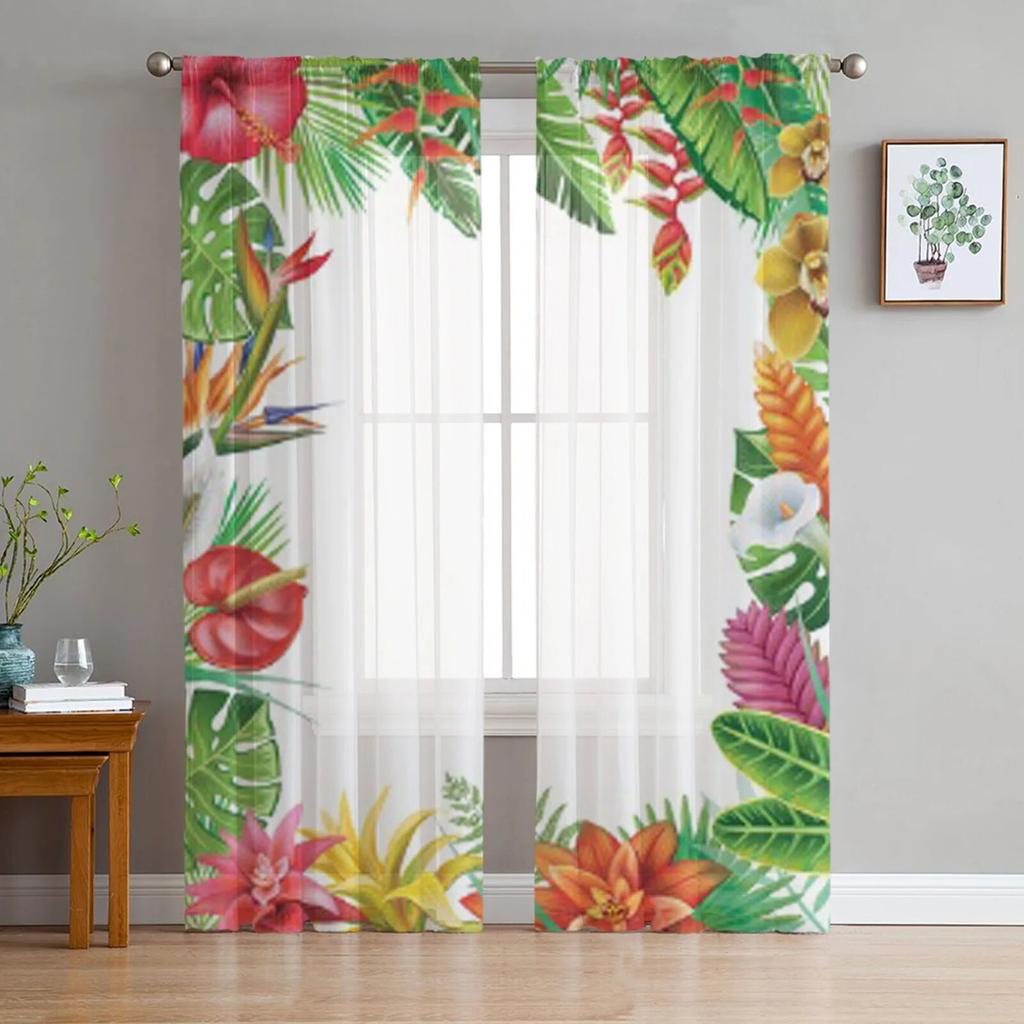 Tropical Plants Sheer Window Curtains for Living Room Girl Bedroom Tulle Curtains Kitchen Veil Chiffon Drapes
