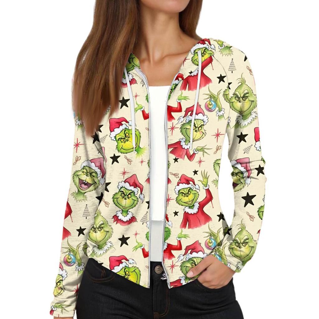 Women's Fashion Christmas Print Casual Zip-Up Long-Sleeved Hooded Jacket