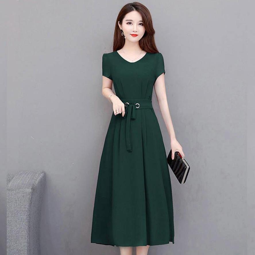 Women's Fashion Summer Spring Solid Color Print Short Sleeve O-Neck High Waist Casual Dresses