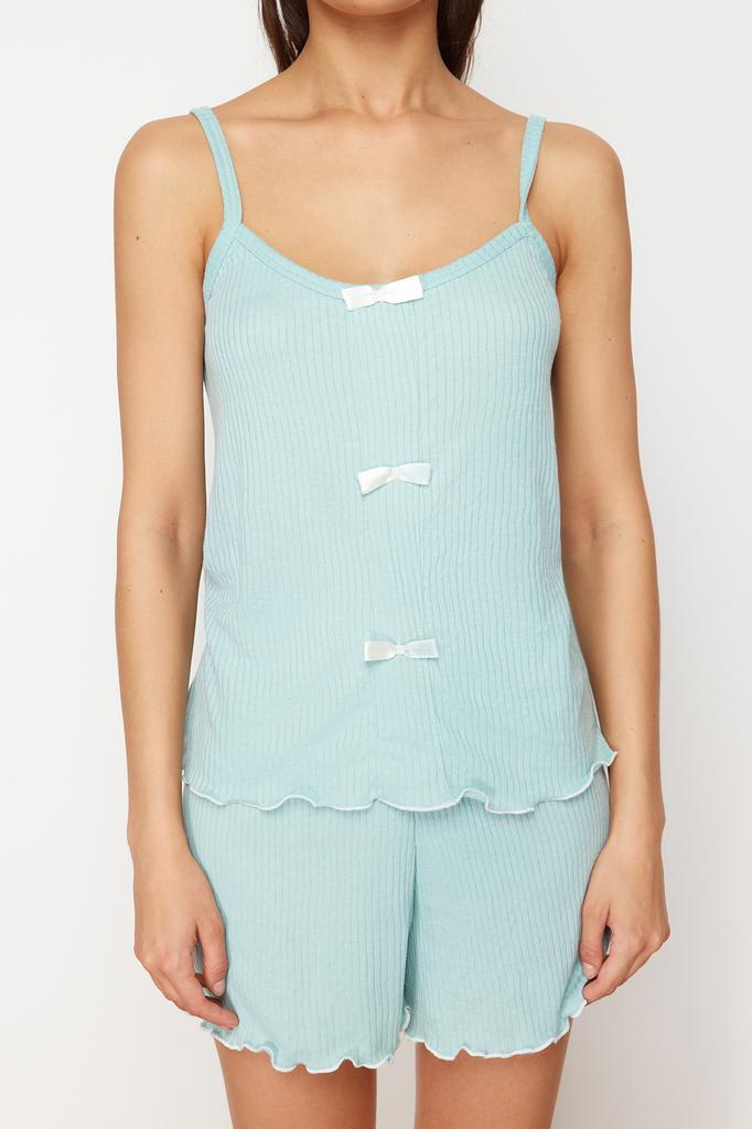 Women's Fashion New Pajama Set Yellow Ribbon Detailed Corded Knitted Pajama Set