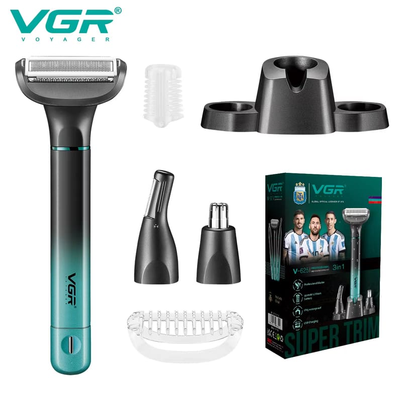 VGR V-625 Моющаяся перезаряжаемая электрическая бритва с рейтингом IPX5, долгий срок службы батареи, многофункциональная 3-в-1: триммер для волос в носу, бороды и ресниц