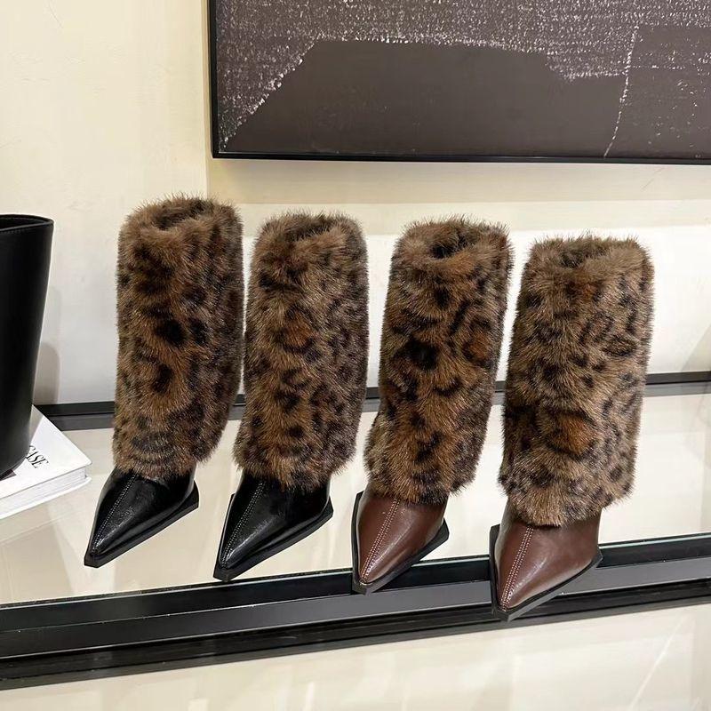 Women's 2025 Autumn/Winter Leopard Print High Heel Ankle Boots with Rabbit Fur