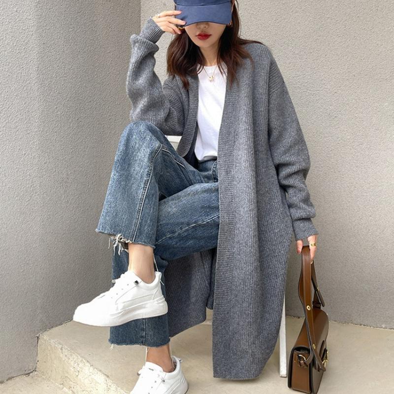 Вязаный женский кардиган осень-зима повседневный V-образный вырез средней длины пальто модный свободный однотонный офисный женский свитер