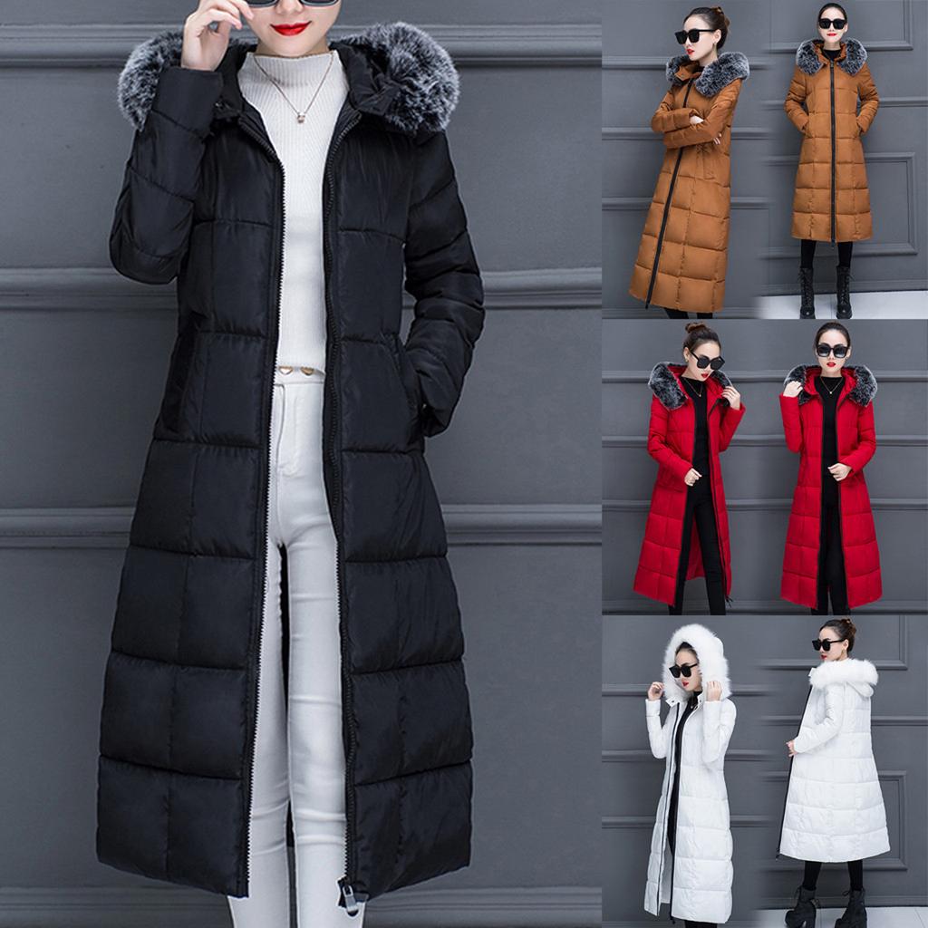 Women Warm Long Coat Faux Collar Hooded Jacket Hot Slim Winter Outwear Coats