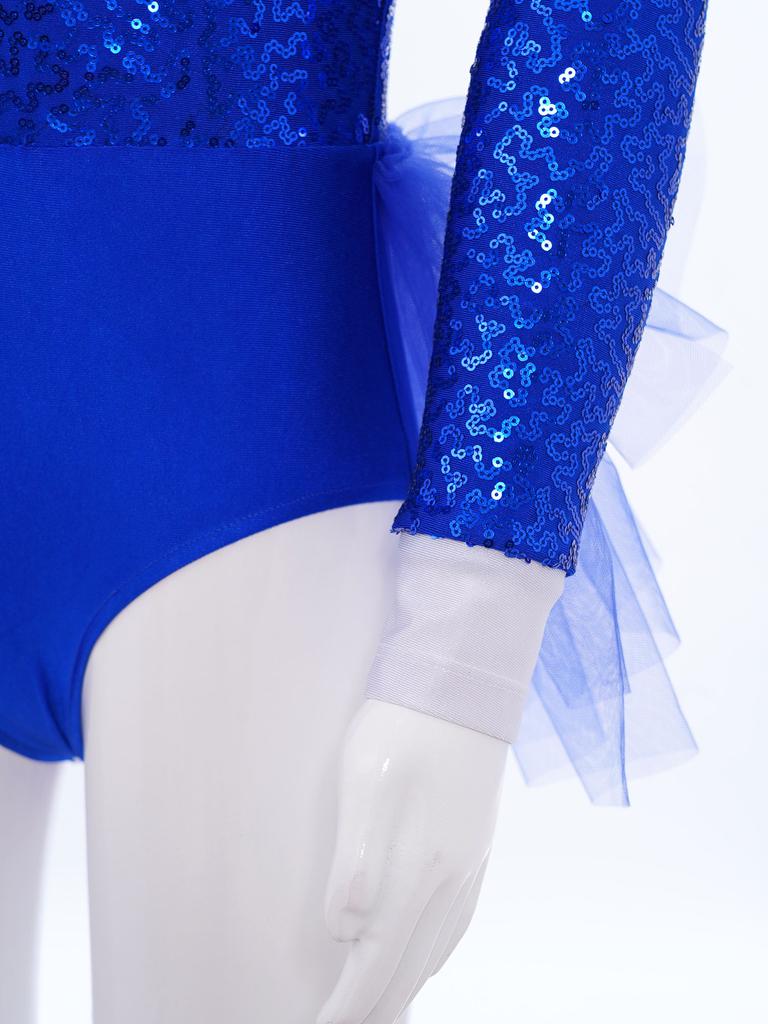 Girls Jazz Dance Costume Sparkly Sequins Bodice Tulle Skirted Leotard Long Sleeve Back Invisible Zipper Bodysuit
