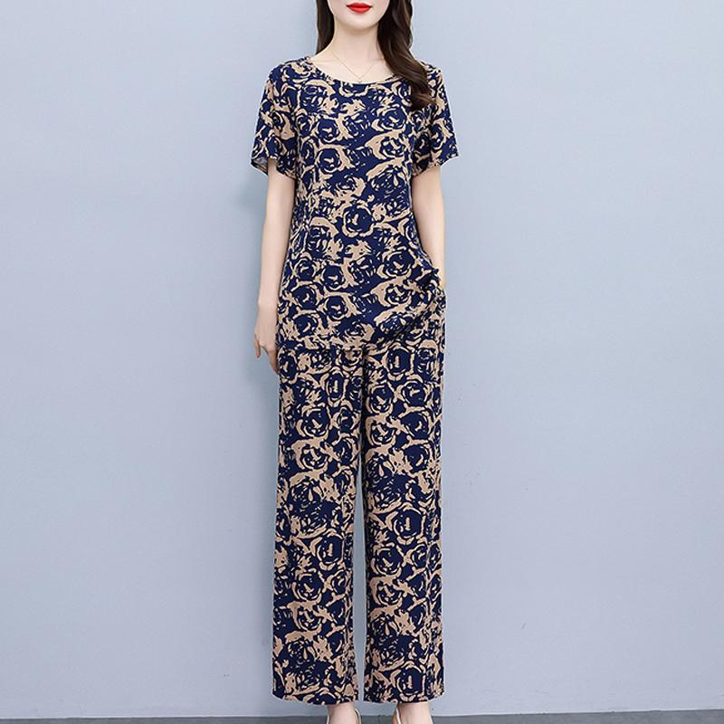 Летние комплекты с широкими брюками больших размеров с винтажным принтом, повседневные элегантные свободные комплекты для женщин, комплект из 2 предметов