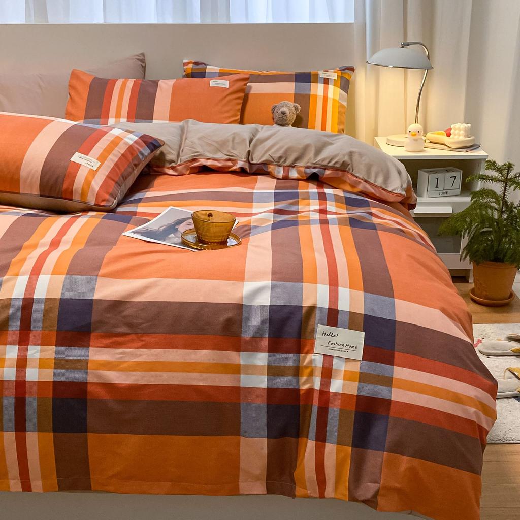 Простыня в клетку из четырех предметов и пододеяльник в японском стиле в скандинавском стиле, набор из трех предметов из стираного хлопка с начесом