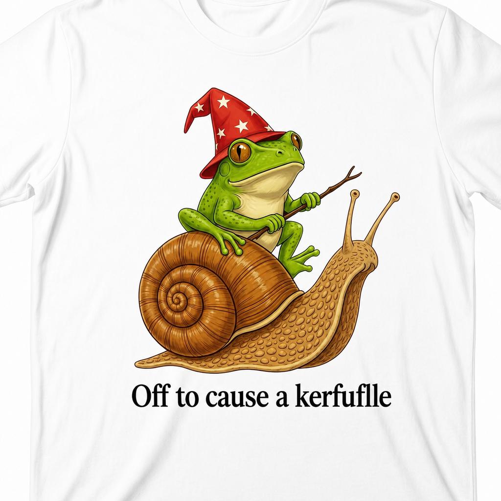 Off To Cause A Kerfuffle Wizard Frog Riding Snail Cartoon Graphic Tee Fantasy Animal Casual Gift for Men's Y2K Cotton T-Shirt