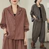 Retro Striped Plus Size Open Cardigan Jacket Wide Leg Harlan Pants Two Piece Set Spring Autumn Cotton Casual Wear