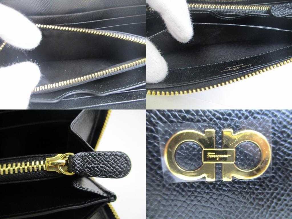 Authentic Salvatore Ferragamo Gancini Black Leather Gold H/W Round Zip Wallet #a687  Refurbished