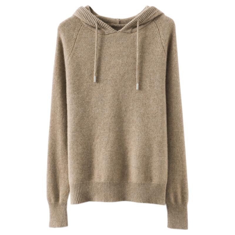 Camel Hooded Sweater Solid Color Pullover Knit Hoodie Drawstring Loose Fit Casual Top