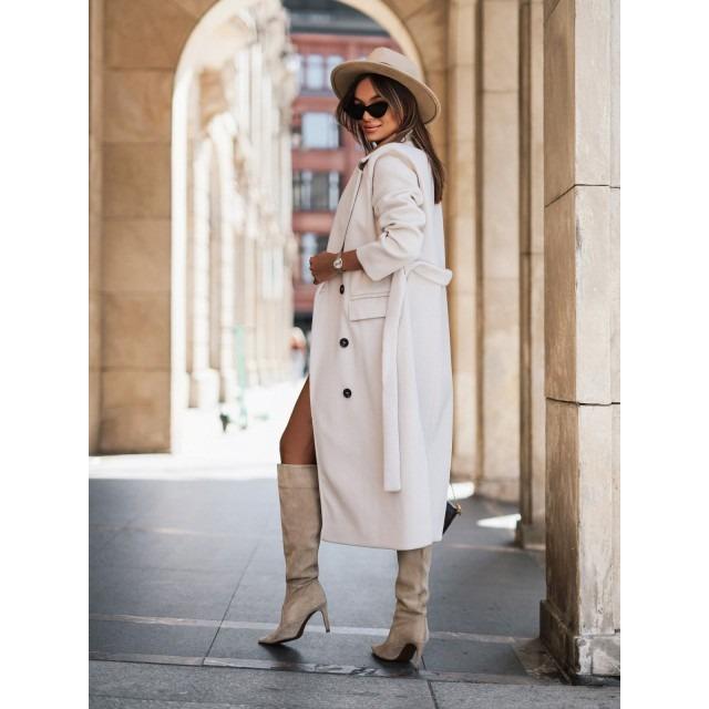 IHUASU Autumn and Winter Simple Long Sleeve Suit Collar Strap Wool Coat for Women Jackets & Coats