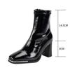 Autumn Winter Ankle Boots Women New Front Zipper Decoration Shoes Pantent Leather Square Toe Solid Thick High Heel Short Boots