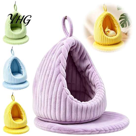 Cotton Bird Nest Hanging Parrot Bed, Winter Striped Plush Water Drop Shape Bed Cozy Cave with Removable Cushion, Cage Hammock for Budgerigar Cockatiel