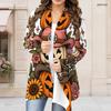Women Plus Size Long Sleeve Open Front Cardigan Halloween Pumpkin Floral Printed Draped Collar Curved Hem